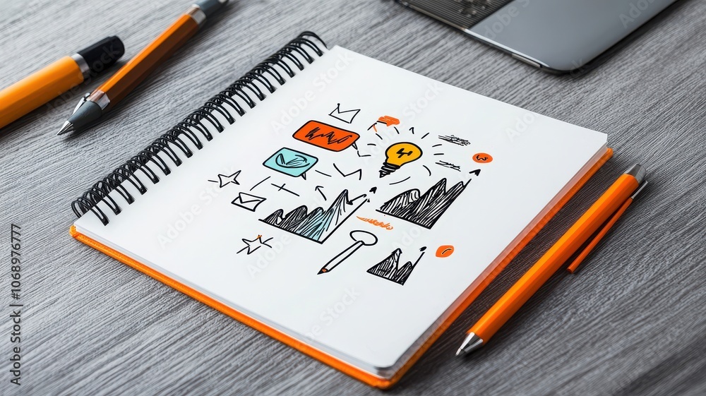 A creative sketchbook page featuring colorful drawings, symbols, and designs, placed on a wooden desk with pens and a laptop. A creative sketchbook page featuring colorful drawings, symbols, and designs, placed on a wooden desk with pens and a laptop.