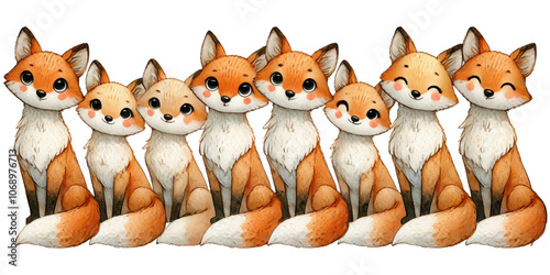 Row of cute foxes in various sizes with natural orange and white fur, sitting together on a transparent background. photo