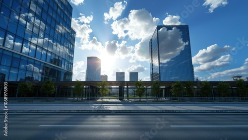 Modern Cityscape at Sunrise: Blue Skyscrapers and Open Parking Lot, Perfect for Urban Real Estate Marketing photo