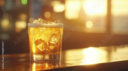 Refreshing Golden Drink with Ice Cubes in Sunset Light