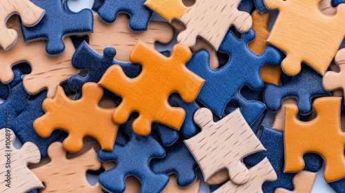 Colorful Wooden Puzzle Pieces Close Up Teamwork Solution Strategy