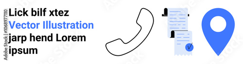 Phone icon, paper checklists with pens, blue map pin icon. Ideal for business communication, contact pages, customer service, task management, navigation, corporate presentations, online directories