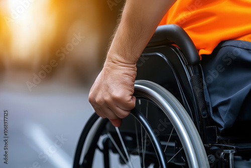 A person maneuvering a wheelchair on a city street during sunset