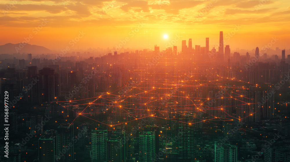 Smart City Network: Dawn Metropolis, Orange Sunset, Urban Grid Smart City Network: Dawn Metropolis, Orange Sunset, Urban Grid