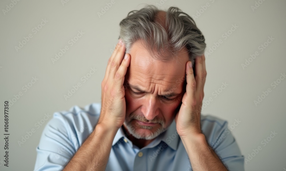 Gray-haired man experiencing a headache, with a worried expression.
Gray-haired man experiencing a headache, with a worried expression.