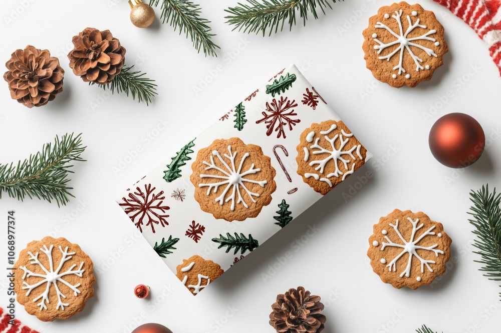 Christmas gift box with a festive design, surrounded by gingerbread cookies, pine branches, and ornaments on a white background