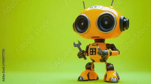 Friendly Robot with Wrench on Bright Green Background