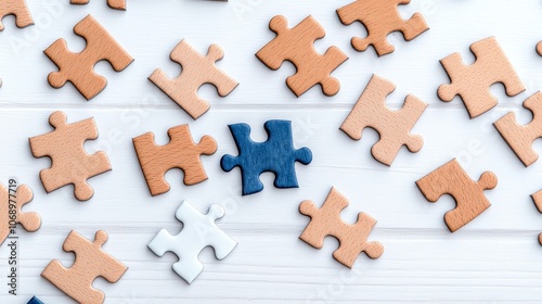 Wooden Puzzle Pieces on White Background Teamwork Strategy Solution Success