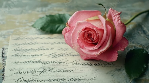 A delicate rose entwined with business management terms written in calligraphy