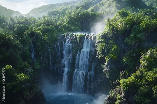 Vue par drone d'une cascade pittoresque entourée d'une jungle dense..