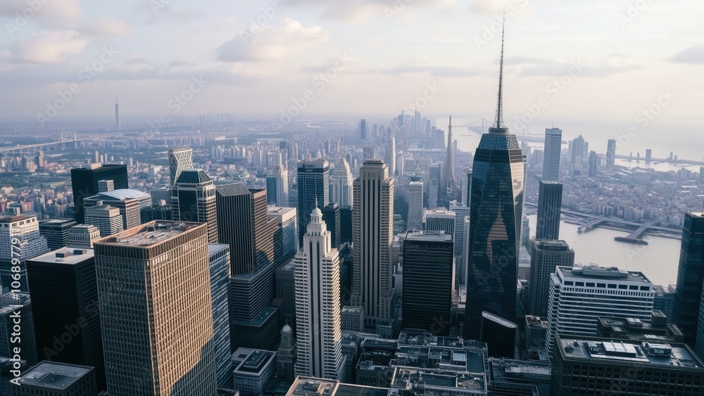 Obraz premium Aerial View of New York City Skyline at Dusk, Perfect for Wall Art, Advertising, or Architectural Inspiration