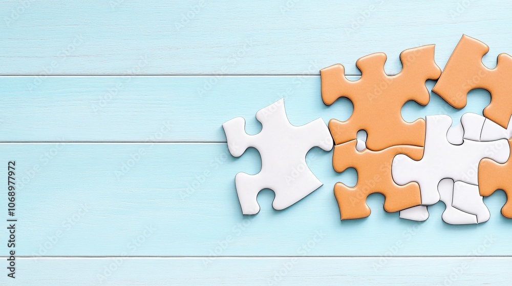 Obraz premium Blue Wooden Background with Puzzle Pieces Teamwork Solution and Strategy Concept