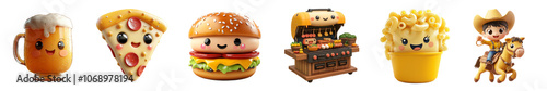  Fun and colorful American and Fast food in kawaii style. Smiling and friendly hamburguers, hot-dog, pizza, soda and more. Transparent PNG photo