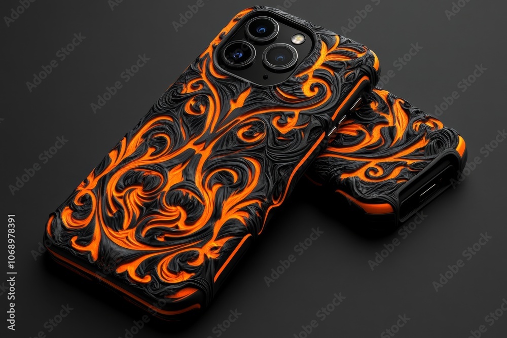 A 3D illustration of a phone case with a textured design, showing different angles to highlight its intricate details A 3D illustration of a phone case with a textured design, showing different angles to highlight its intricate details