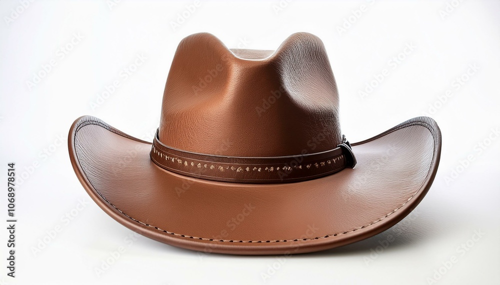 Classic brown leather cowboy hat in western style, isolated on a clean white background, ideal for vintage or outdoor fashion photography Classic brown leather cowboy hat in western style, isolated on a clean white background, ideal for vintage or outdoor fashion photography