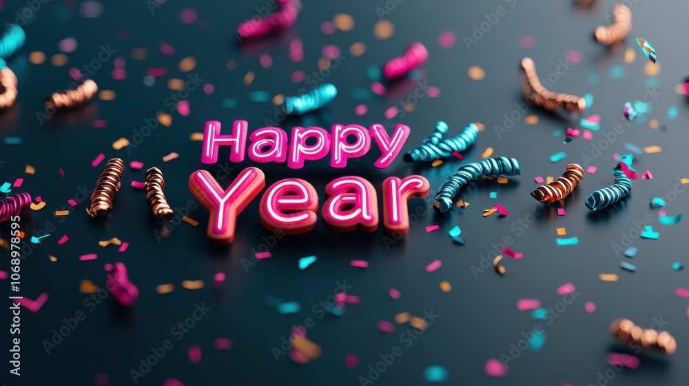Celebrate the arrival of a bold and vibrant new year with neon happy year text surrounded by colorful confetti Celebrate the arrival of a bold and vibrant new year with neon happy year text surrounded by colorful confetti