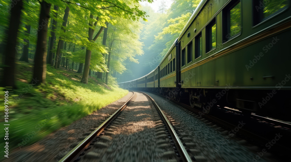 Naklejka premium Scenic train journey through lush forest in bright daylight