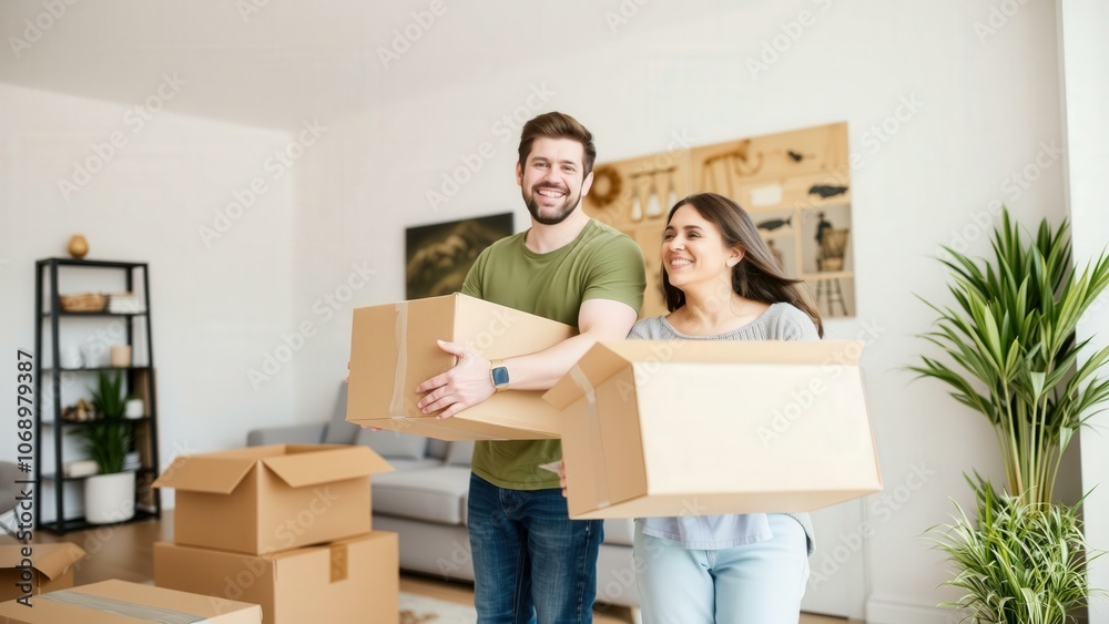 Happy Couple Moving into New Home with Boxes, Green Plants, and Comfortable Living Room Furniture Happy Couple Moving into New Home with Boxes, Green Plants, and Comfortable Living Room Furniture