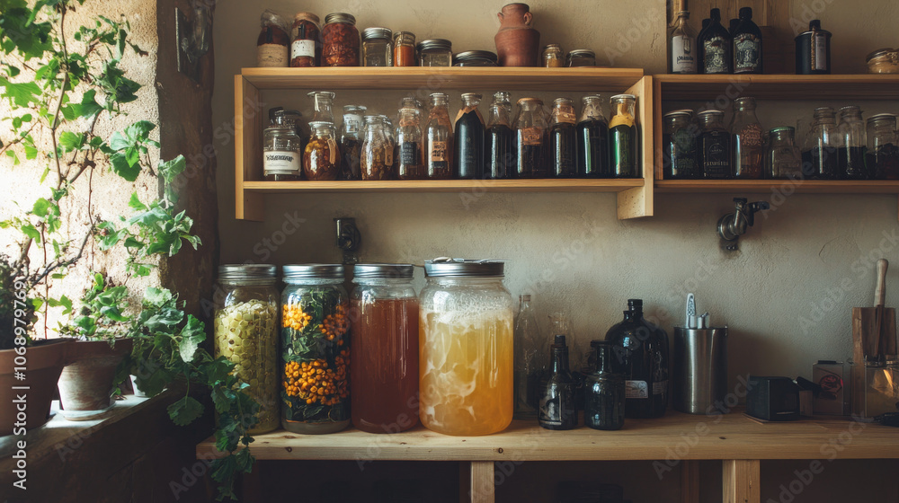 Home Fermented Drinks, Jars, Herbs, Kitchen, Shelf Home Fermented Drinks, Jars, Herbs, Kitchen, Shelf