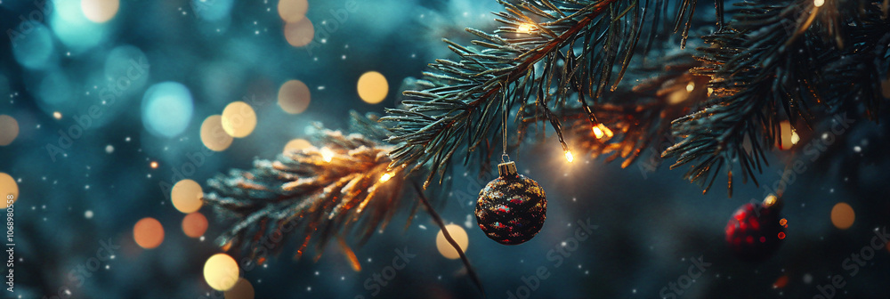 Pine cones decoration on green Christmas tree on blurred background of night lights. Winter template, banner concept for Christmas, New Year and sale season. Web card and backdrop with space for text Pine cones decoration on green Christmas tree on blurred background of night lights. Winter template, banner concept for Christmas, New Year and sale season. Web card and backdrop with space for text