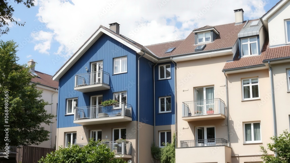Charming Blue and Beige Apartment Building with Balconies and Lush Greenery, Perfect for Real Estate Advertising Charming Blue and Beige Apartment Building with Balconies and Lush Greenery, Perfect for Real Estate Advertising