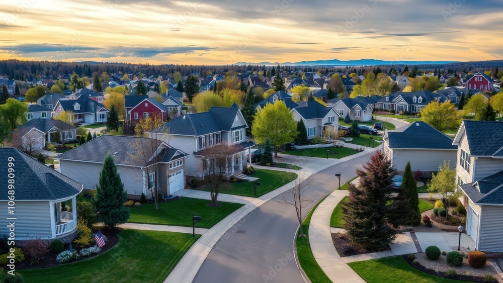 Fototapeta premium Experience Serene Living in a Picturesque Suburban Neighborhood at Sunset