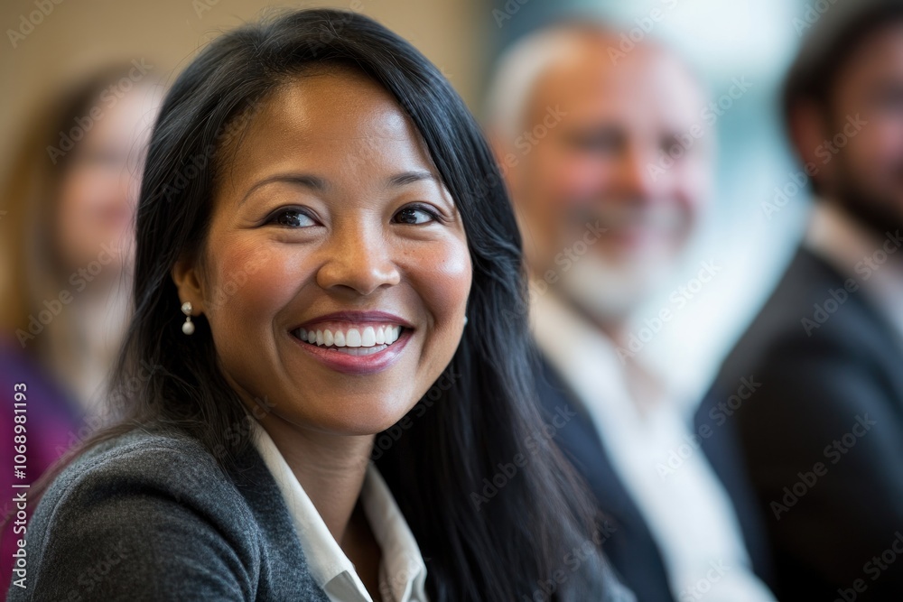 A smiling woman in a business setting, engaged in a professional environment. A smiling woman in a business setting, engaged in a professional environment.