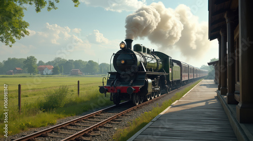 Steam locomotive travels along scenic countryside tracks in the afternoon light photo