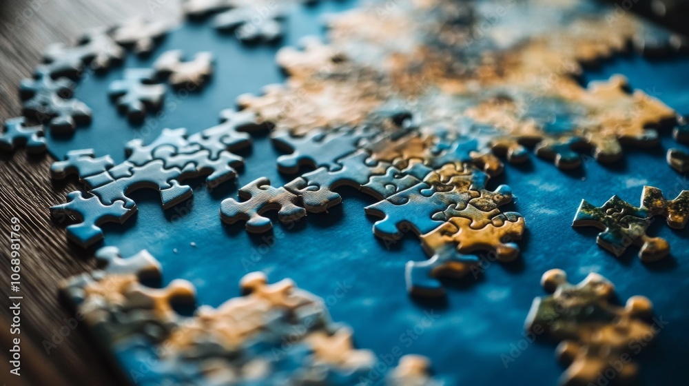 Colorful Puzzle Pieces on a Wooden Table Surface Colorful Puzzle Pieces on a Wooden Table Surface
