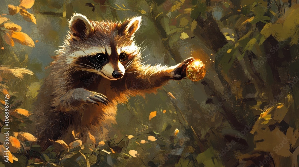 Naklejka premium Playful Raccoon in a Vibrant Forest Setting