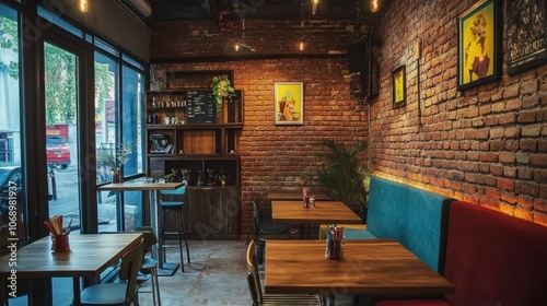 The interior of a modern cafe features a brick wall. Design of a loft