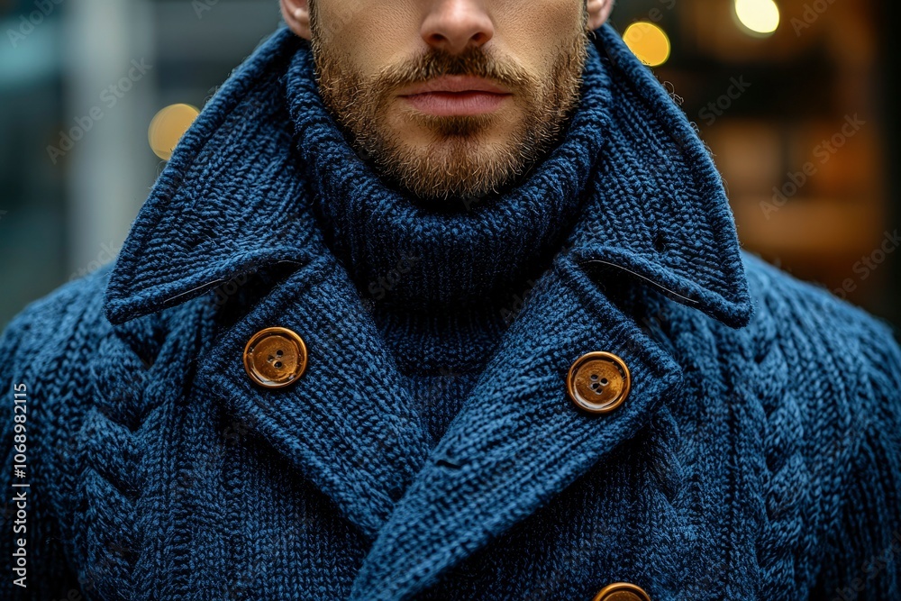 Close-up of a Man's Face with a Blue Knitted Coat Close-up of a Man's Face with a Blue Knitted Coat