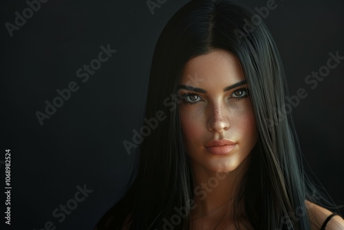 Beautiful young woman with long black hair posing on dark background. Neural network ai generated art