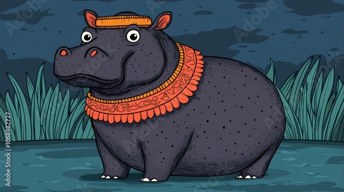 A cartoon illustration of a hippopotamus with a headband and a necklace, standing in a grassy field. photo