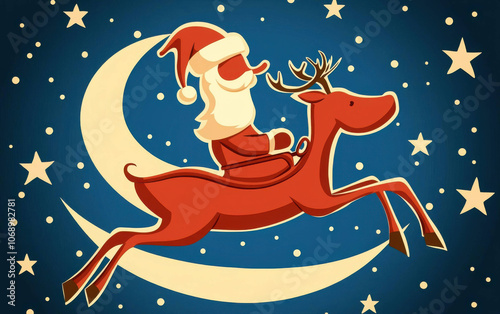 Santa Claus riding reindeer through starry night sky, joyful and festive