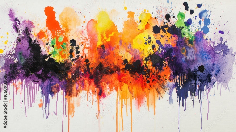 Fototapeta premium Abstract watercolor painting with vibrant colors and drips on white background.