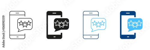 Feedback On Mobile Phone Line and Silhouette Icon Set. Social Media App Rating Pictogram. Stars On Smartphone With Speech Bubble Symbol. Editable Stroke. Isolated Vector Illustration