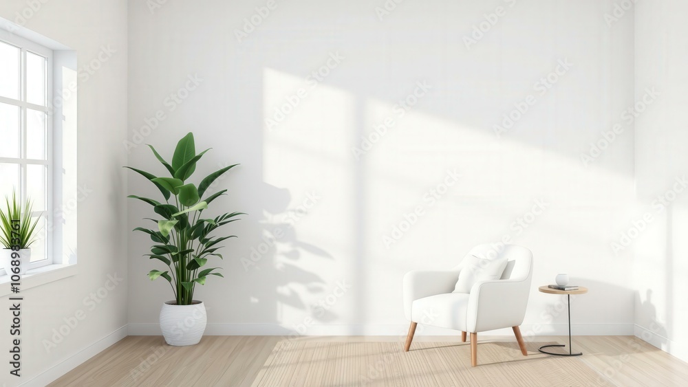 Fototapeta premium Minimalist Living Room with White Furniture and Green Plant, Perfect for Modern Home Decor and Relaxation