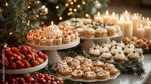 Festive Christmas Dessert Table: A beautifully decorated buffet table overflowing with sweet treats and elegant candles, perfect for celebrating the holidays with loved ones. 