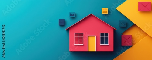 Artistic depiction of a house surrounded by digital symbols for loan, interest, and collateral, House with digital loan and collateral symbols, Symbolic and modern