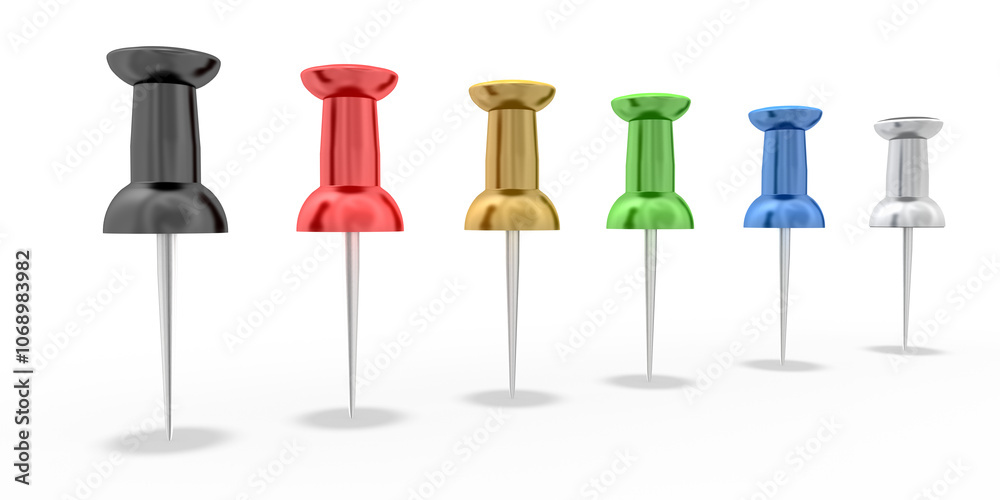 Pin-Set mit isoliertem Schatten auf transparentem Hintergrund. 3D-rot,grün, gelb, blau, schwarz und weißen Reißzwecken aus Kunststoff, Nähnadeln oder Reißnägel für Notizen auf Papier Pin-Set mit isoliertem Schatten auf transparentem Hintergrund. 3D-rot,grün, gelb, blau, schwarz und weißen Reißzwecken aus Kunststoff, Nähnadeln oder Reißnägel für Notizen auf Papier