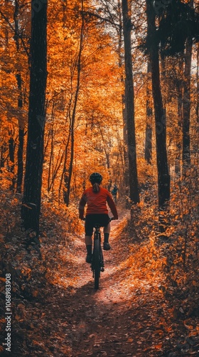 Mountain Biker Riding Through Vibrant Autumn Forest Trail 