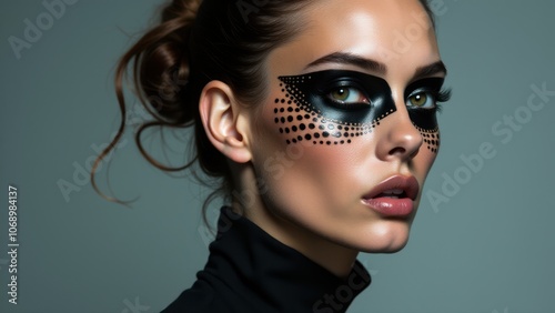 Artistic dot makeup design under eyes, creating a bold and expressive look for fashion editorials. Perfect for unique portrait photography. Dot face art, fashion