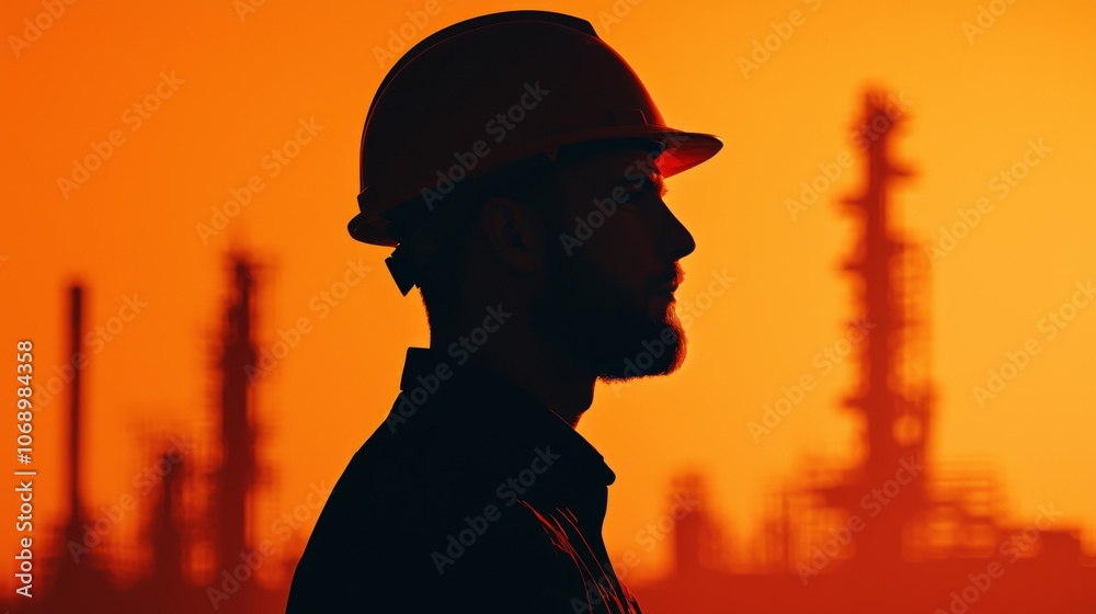Worker at a Refinery During Sunset Worker at a Refinery During Sunset