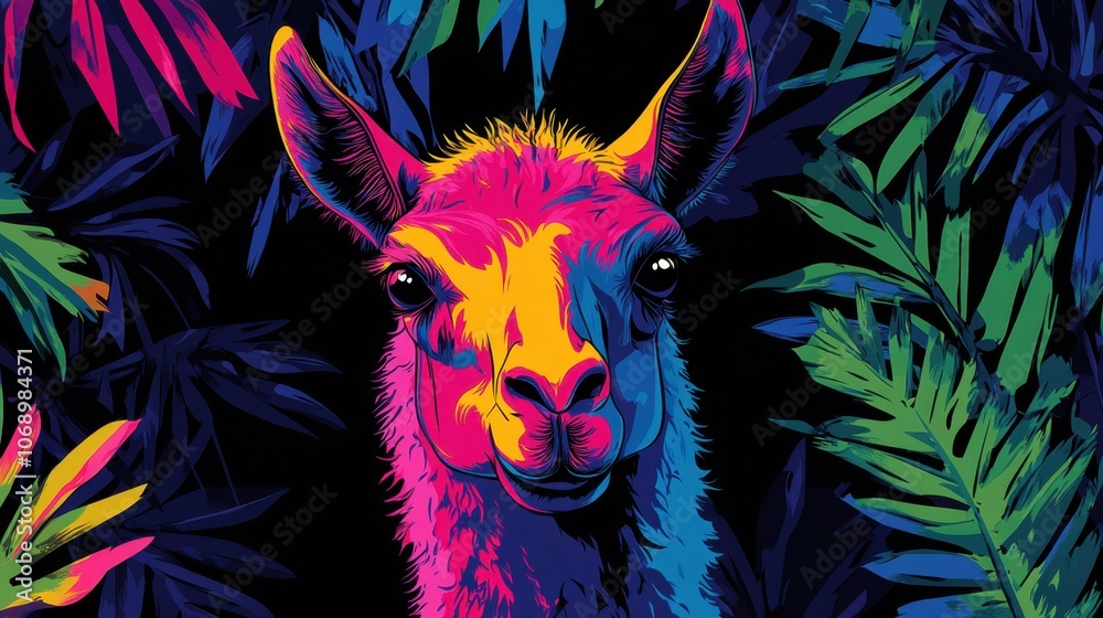 Naklejka premium Colorful Llama Surrounded by Tropical Foliage