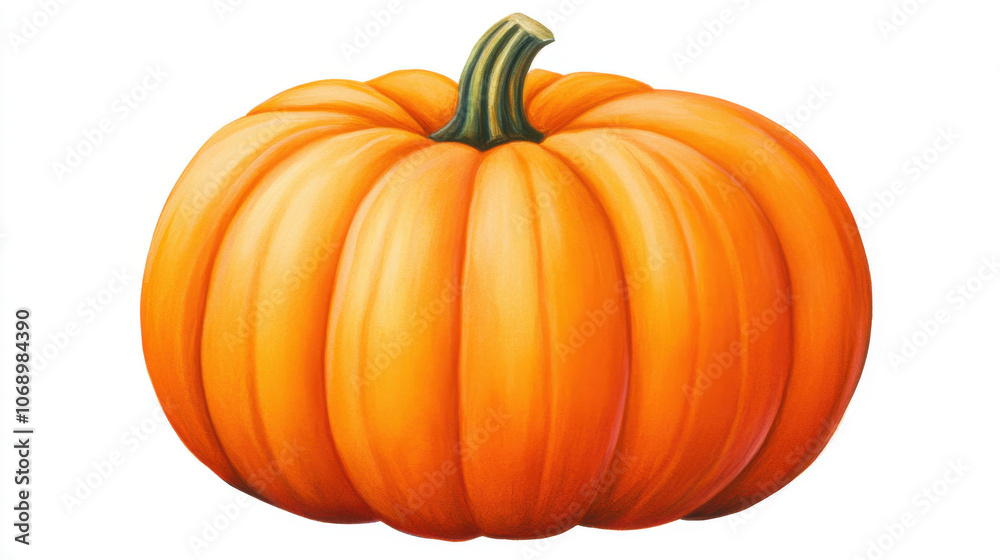 Obraz premium Thanksgiving Day, vibrant orange pumpkin with textured surface and green stem, perfect for autumn decor and seasonal celebrations. Its rustic charm adds warmth to any setting