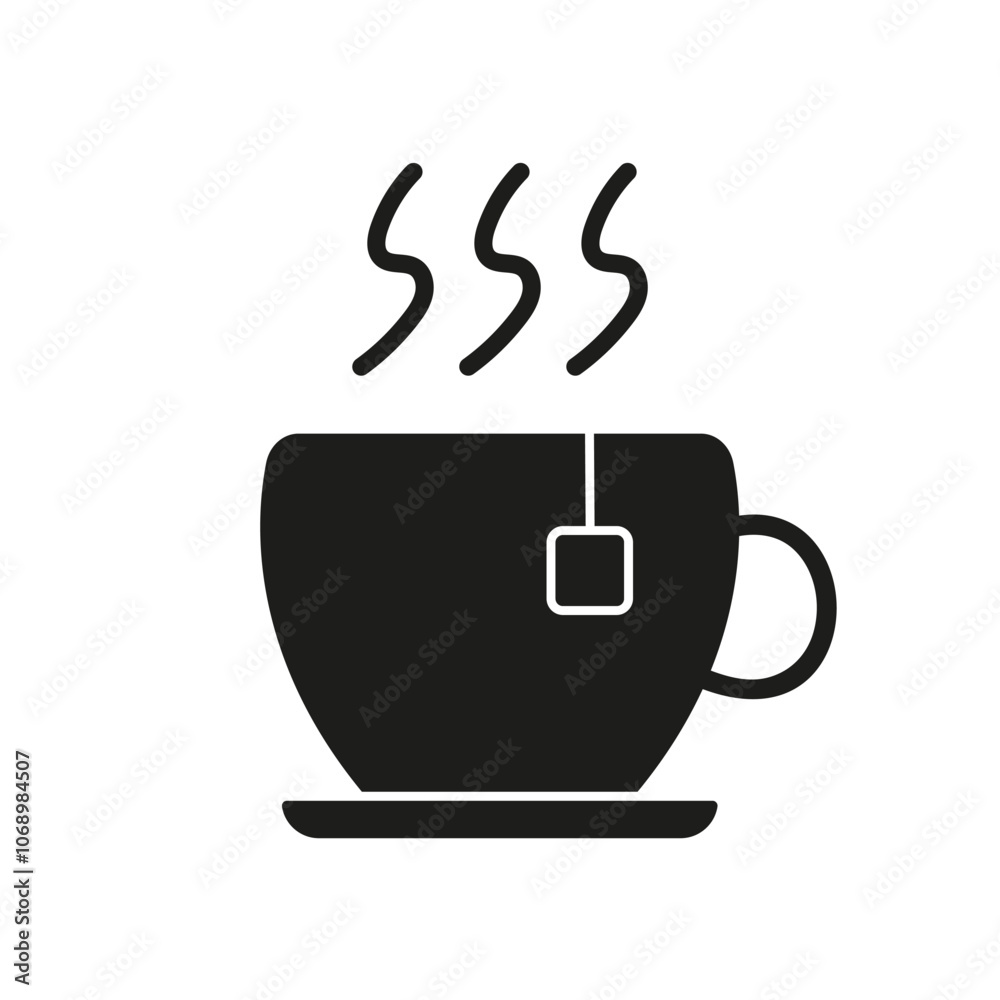 Teacup with Steam and Teabag Silhouette Icon. Hot Beverage with Saucer Glyph Symbol. Isolated Vector Illustration Teacup with Steam and Teabag Silhouette Icon. Hot Beverage with Saucer Glyph Symbol. Isolated Vector Illustration