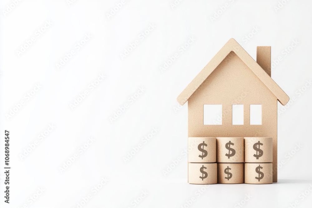 Artistic depiction of a house with dollar symbols and a timeline indicating monthly amortization payments, House with amortization timeline, Symbolic and structured Artistic depiction of a house with dollar symbols and a timeline indicating monthly amortization payments, House with amortization timeline, Symbolic and structured