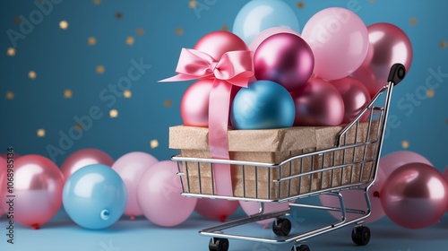 A festive shopping cart with blue and pink gift boxes, surrounded by bokeh lights and holiday cheer. photo