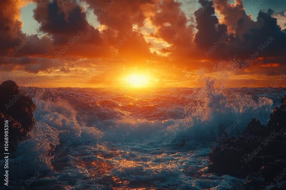 Fototapeta premium A dramatic sunset over the ocean with crashing waves and dark clouds in the sky.